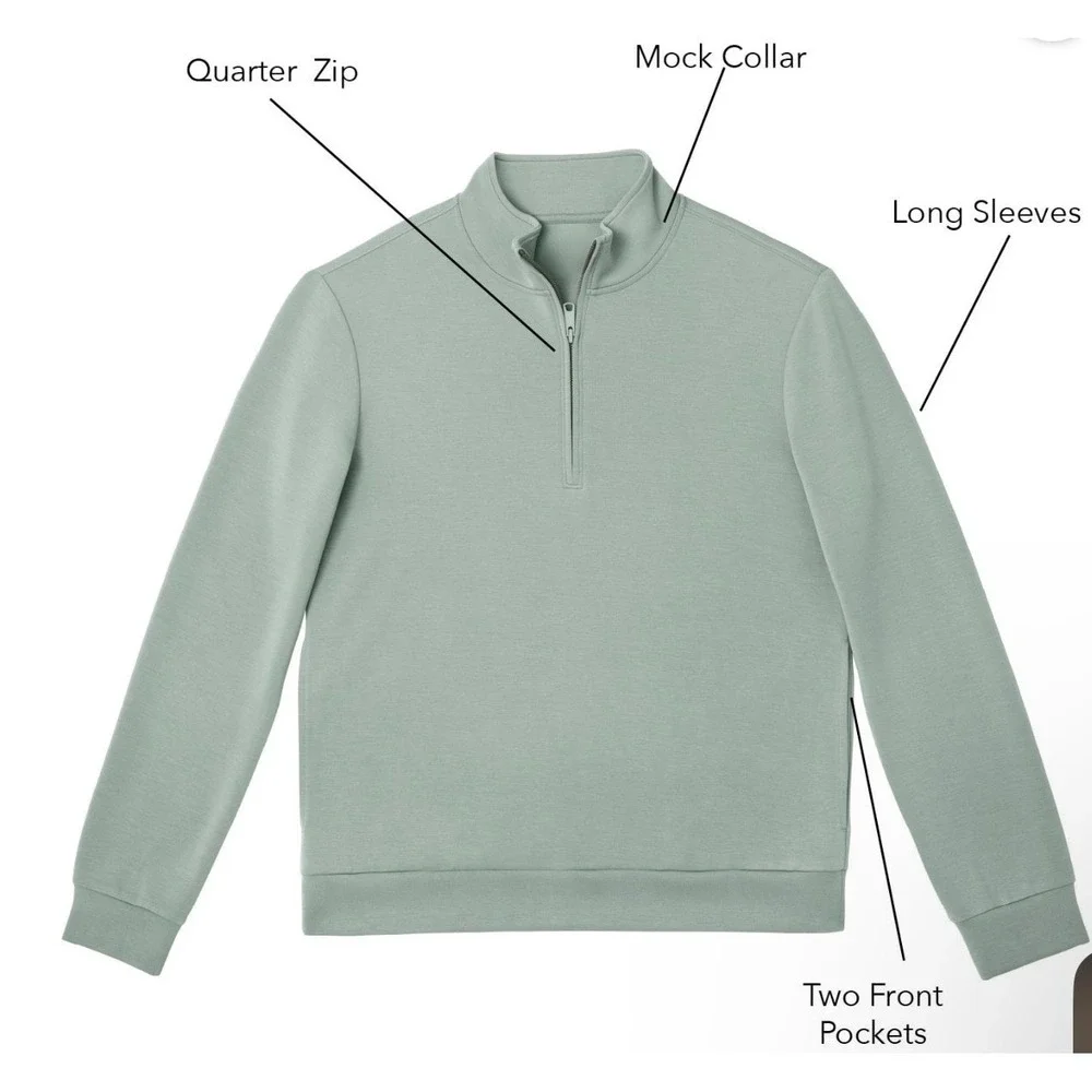 Mens Sage Green Quarter Zip Mock Neck Pullover Sweatshirt with Pockets Size M - Picture 4 of 5